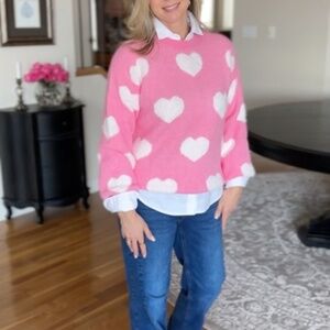 Valentines FUZZY HEART CREW NECK KNIT SWEATER IN CANDY PINK
